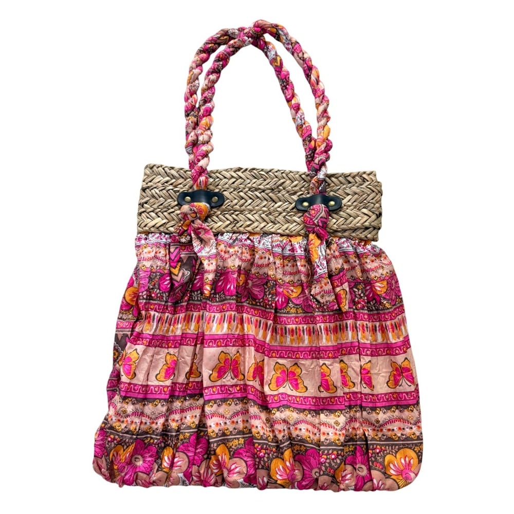 Cappelli‎ Straworld Tote Bag Womens Large Pink Butterfly Print Straw Boho